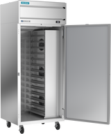 A tall, stainless steel reach-in refrigerator with an open door reveals multiple ventilated shelves inside. The unit stands on four wheels, features a digital display on the front, and a brand label at the top left corner.