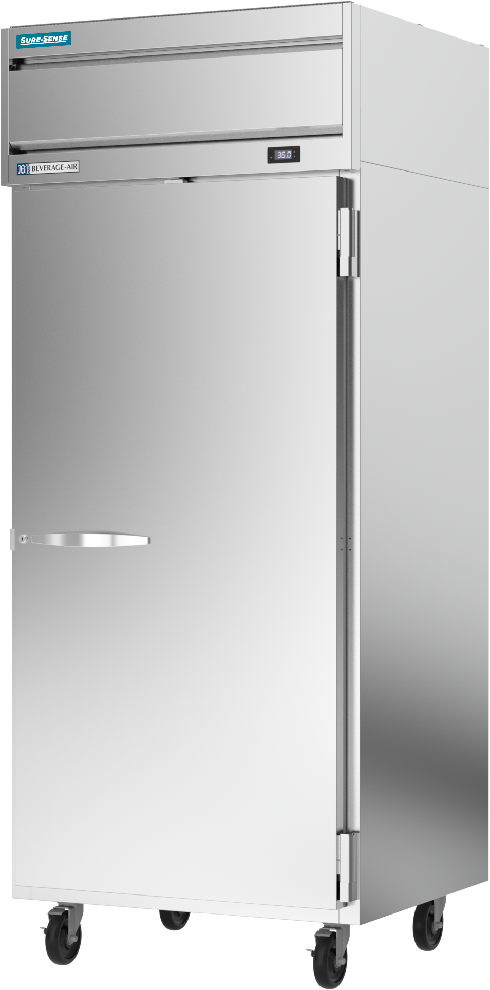 A large, single-door reach-in refrigerator made of stainless steel stands upright on four black caster wheels. The door has a horizontal handle, and blue and white brand labels near the top accent its boxy, industrial design.