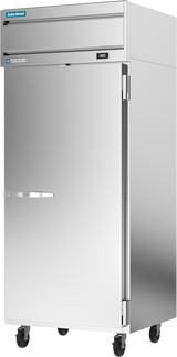 A large, single-door reach-in refrigerator made of stainless steel stands upright on four black caster wheels. The door has a horizontal handle, and blue and white brand labels near the top accent its boxy, industrial design.