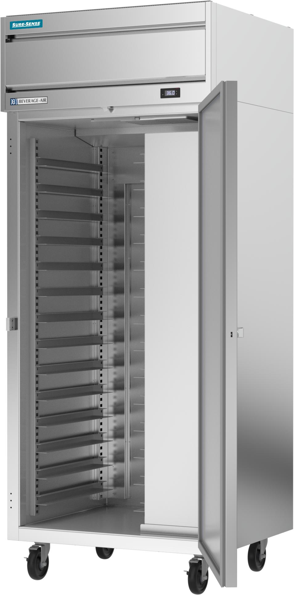A tall, stainless steel reach-in refrigerator stands on wheels with its glass door open, revealing multiple metal shelves inside. The sleek, industrial exterior features a control panel up front and visible brand labels.
