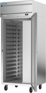 A tall, stainless steel reach-in refrigerator stands on wheels with its glass door open, revealing multiple metal shelves inside. The sleek, industrial exterior features a control panel up front and visible brand labels.
