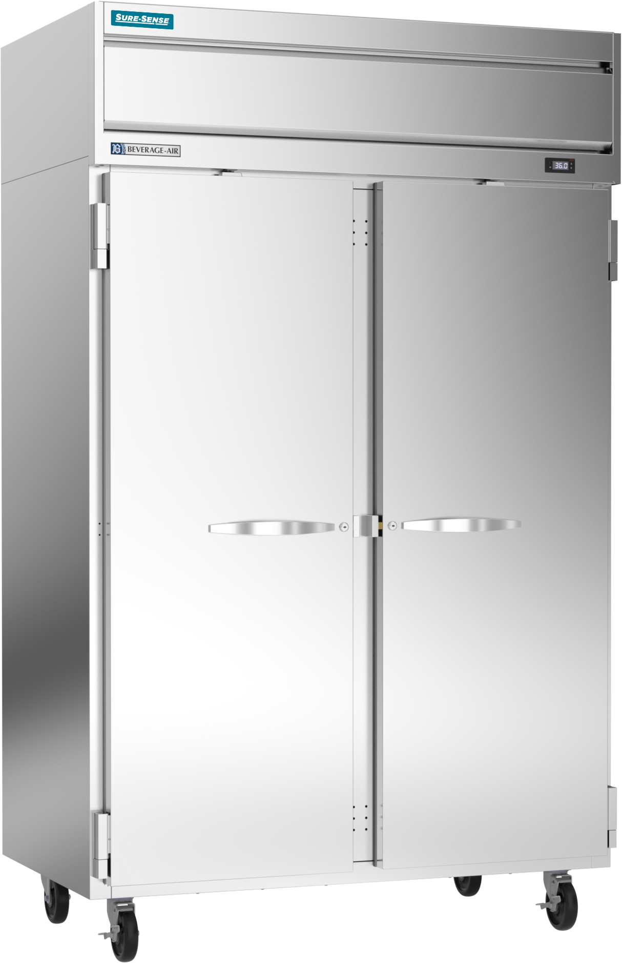 A large, commercial stainless steel reach-in refrigerator with two vertical doors, horizontal handles, wheels for mobility, and a digital display on the upper right. The shiny surface is reflective, with manufacturer labels on the top section.
