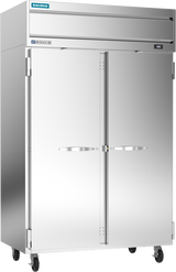 A large, commercial stainless steel reach-in refrigerator with two vertical doors, horizontal handles, wheels for mobility, and a digital display on the upper right. The shiny surface is reflective, with manufacturer labels on the top section.