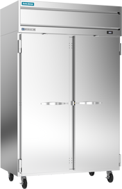 A large, commercial stainless steel reach-in refrigerator with two vertical doors, horizontal handles, wheels for mobility, and a digital display on the upper right. The shiny surface is reflective, with manufacturer labels on the top section.