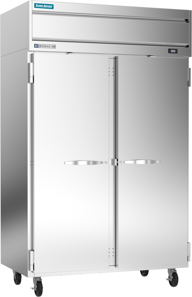 A large, commercial stainless steel reach-in refrigerator with two vertical doors, horizontal handles, wheels for mobility, and a digital display on the upper right. The shiny surface is reflective, with manufacturer labels on the top section.