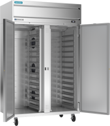 A large, industrial stainless steel reach-in refrigerator with double doors open reveals empty interior shelves and trays. The unit has wheels for mobility, a digital control panel on top, and a clean, spacious interior designed for commercial kitchen use.