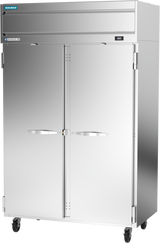 A large, stainless steel reach-in refrigerator with two vertical doors, horizontal handles, and four wheels. The unit features a digital temperature display and brand label at the top left corner. The smooth, reflective surface adds a sleek touch.