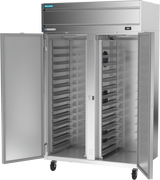 A large stainless steel reach-in refrigerator with double doors open, revealing multiple empty tray slots inside. The unit is on wheels and features a control panel on the top front, offering a clean, industrial kitchen appearance.
