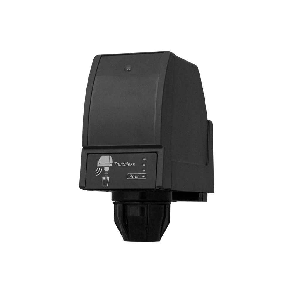 A black, wall-mounted touchless soap dispenser with a motion sensor icon and indicator lights on the front. Its sleek design is inspired by Touchless Beverage Dispensing technology, featuring a rectangular upper section and bottom nozzle. Plain white background.