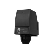 A black, wall-mounted touchless soap dispenser with a motion sensor icon and indicator lights on the front. Its sleek design is inspired by Touchless Beverage Dispensing technology, featuring a rectangular upper section and bottom nozzle. Plain white background.