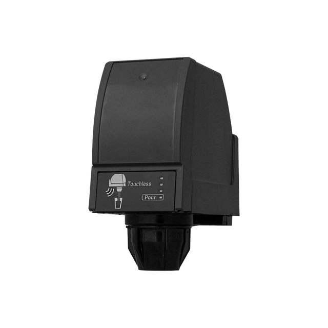 A black, wall-mounted touchless soap dispenser with a motion sensor icon and indicator lights on the front. Its sleek design is inspired by Touchless Beverage Dispensing technology, featuring a rectangular upper section and bottom nozzle. Plain white background.