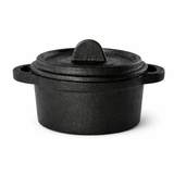 A small, round FortaLite Mini Cassolette with two side handles and a matching lid featuring a central, upright handle. This cast aluminum tableware piece has a textured finish and sits on a plain white background.