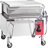 A stainless steel commercial tilting kettle on caster wheels with a large hinged lid and Vulcan control panel, similar to a 30-gallon braising pan, features an attached water spray nozzle for cleaning, ideal for industrial kitchen use.