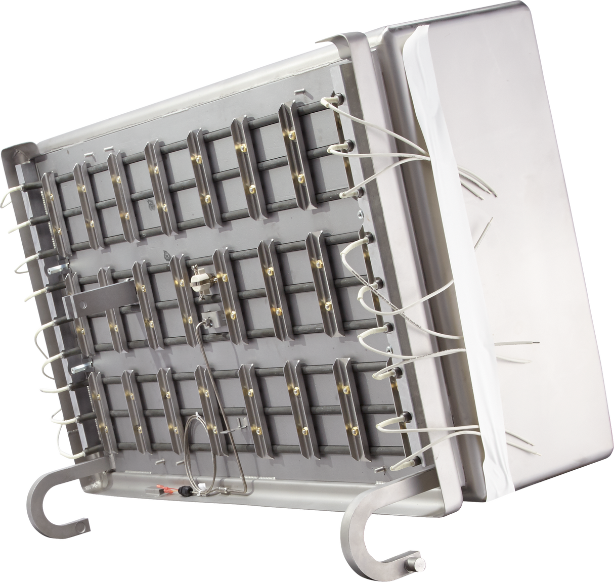 A metal laboratory device with multiple rectangular slots arranged in rows, wires attached to each slot, and curved legs for support. The unit is partially encased in a shiny metal cover featuring FastBatch™ heating technology for efficient processes.