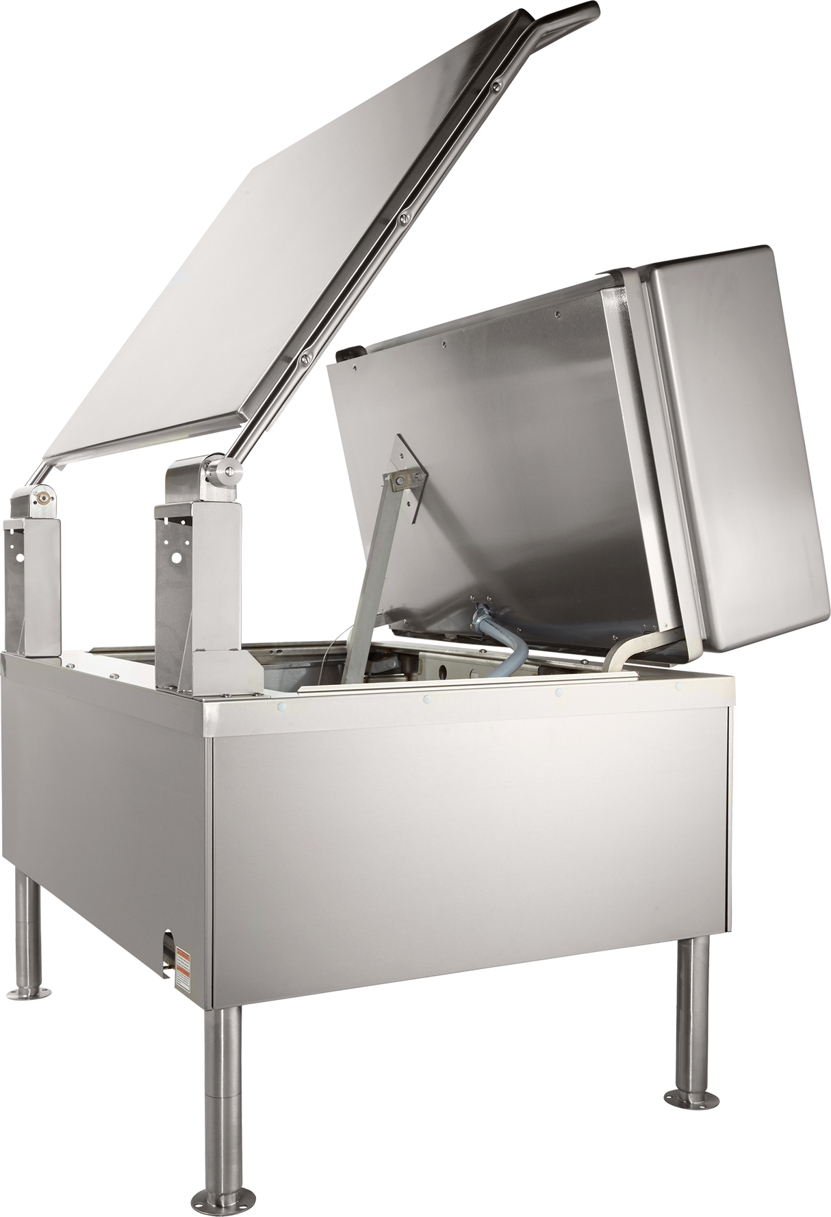 A large industrial electric 40-gallon braising pan with an open, angled lid stands on four cylindrical legs. Hinged mechanisms and support arms inside enable tilting for easy pouring, while FastBatch heating technology ensures efficient cooking.