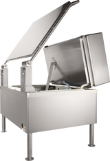 A large industrial electric 40-gallon braising pan with an open, angled lid stands on four cylindrical legs. Hinged mechanisms and support arms inside enable tilting for easy pouring, while FastBatch heating technology ensures efficient cooking.