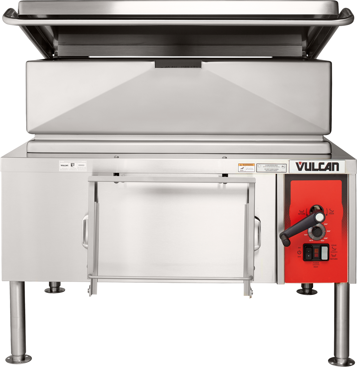 A large stainless steel electric 40-gallon braising pan with an open, angled lid sits on display. The appliance features a red control panel with dials and buttons, plus the Vulcan brand name in the upper right corner.