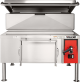 A large stainless steel electric 40-gallon braising pan with an open, angled lid sits on display. The appliance features a red control panel with dials and buttons, plus the Vulcan brand name in the upper right corner.