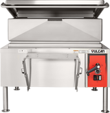 A large, industrial stainless steel electric 40-gallon braising pan with a red control panel on the right, labeled Vulcan. The lid is open, and the appliance stands on four legs. The control panel features knobs, buttons, and indicator lights.