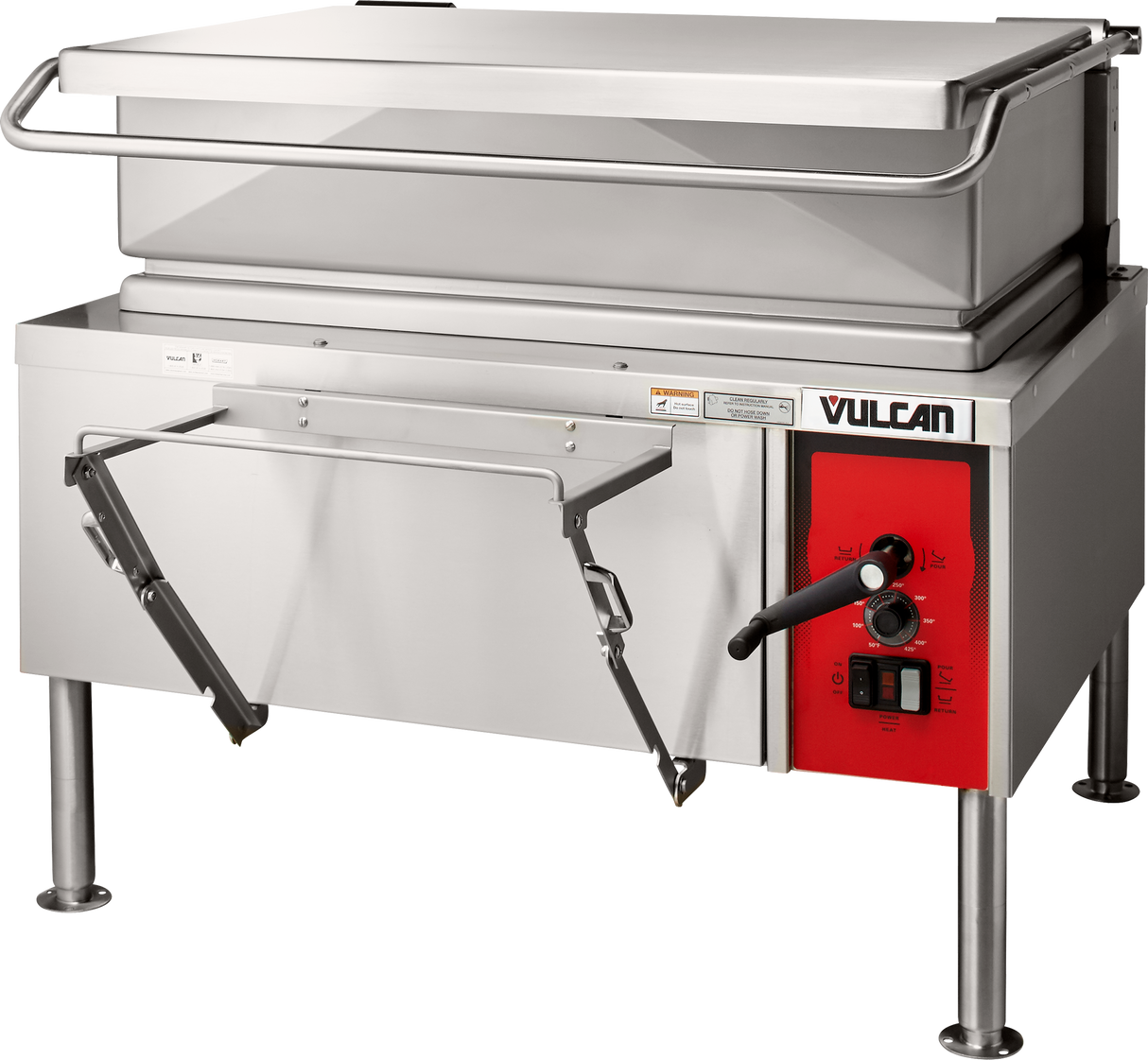 A stainless steel 40-gallon braising pan with a red Vulcan control panel, black handle, indicator lights, and a large hinged lid. The commercial tilt skillet features four sturdy legs, a front latch, and an easy-pour tilting mechanism.
