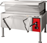 A stainless steel 40-gallon braising pan with a red Vulcan control panel, black handle, indicator lights, and a large hinged lid. The commercial tilt skillet features four sturdy legs, a front latch, and an easy-pour tilting mechanism.