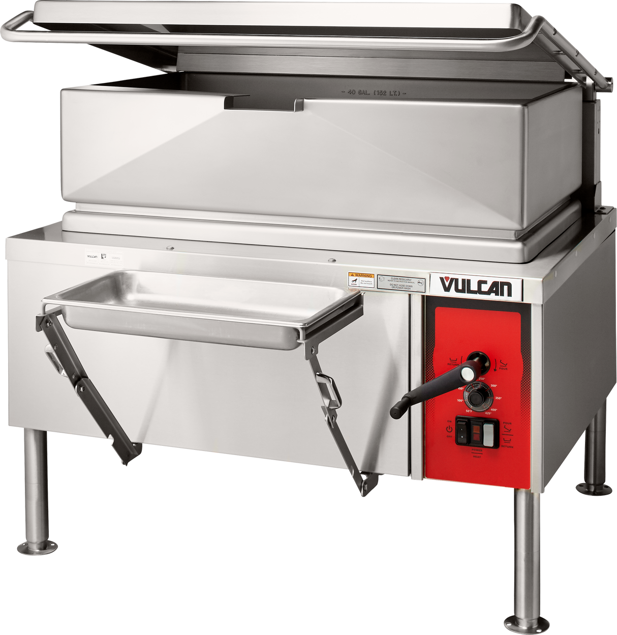 A commercial stainless steel electric 40-gallon braising pan with a raised lid, front-mounted control panel, and tilting handle. It features adjustable legs, a front catch tray, and the Vulcan brand name on the red control area. The skillet is empty and clean.