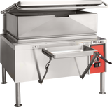 A stainless steel Vulcan electric 40-gallon capacity braising pan with a red control panel, open lid, and attached drain pan. The appliance stands on four metal legs and is designed for large-scale cooking in professional kitchens.