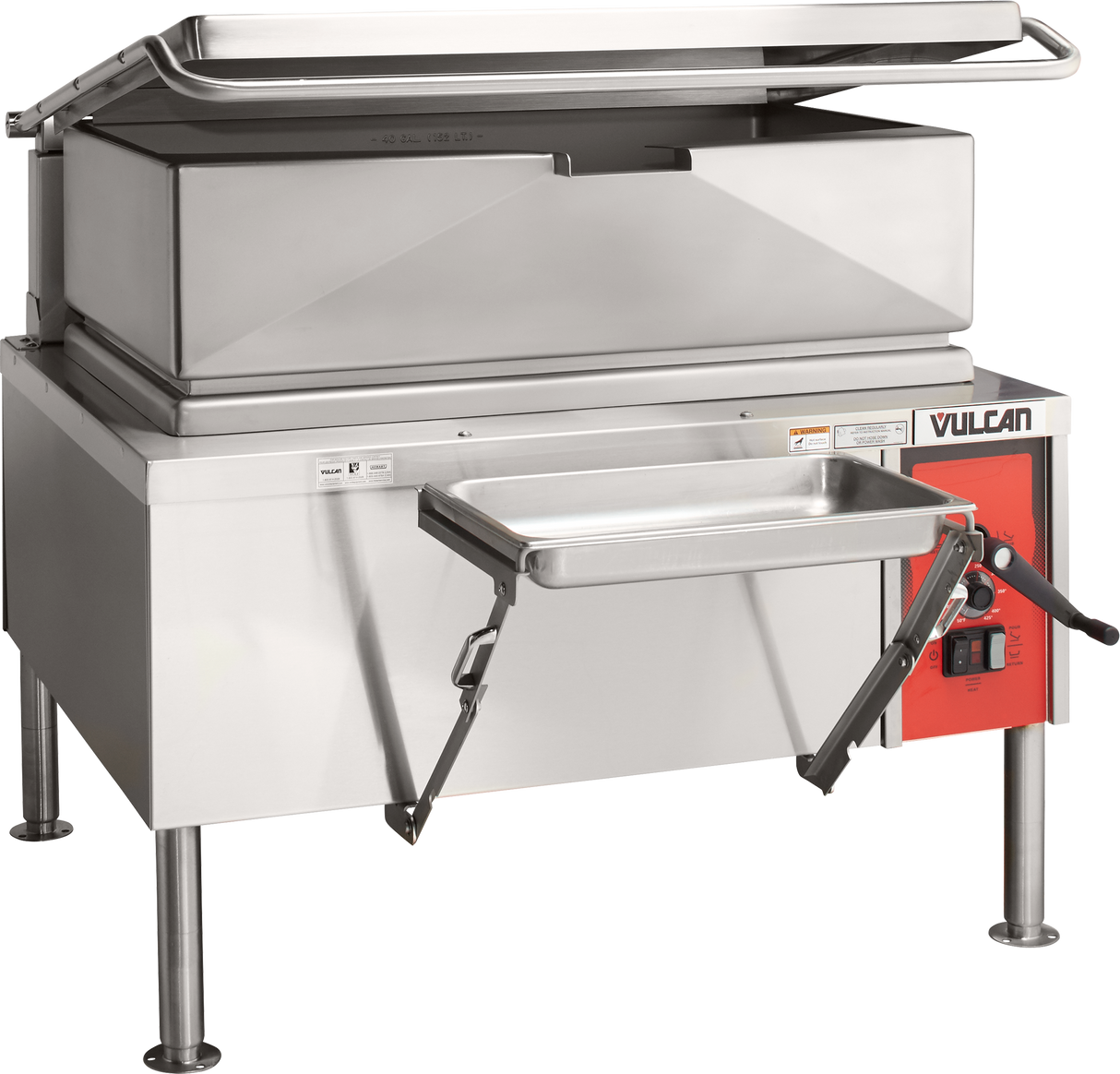 A large commercial electric 40-gallon braising pan with a red control panel labeled “Vulcan.” The skillet’s lid is open, and a metal pan below the front lip catches food when tilted. Four metal legs support this unit with FastBatch heating technology.