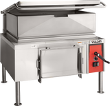 A large commercial electric 40-gallon stainless steel Vulcan tilting braising pan with an open, hinged lid. It features four legs, a red control panel with knobs and handle, a front access door, and an industrial, sleek design.
