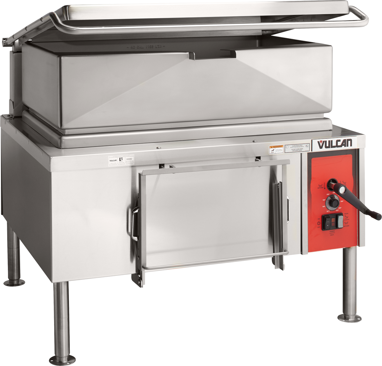 A stainless steel commercial electric braising pan with an open rectangular tilting pan on top, a red control panel with knobs and switches on the right, four sturdy metal legs, and the Vulcan brand name above the control panel.