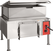 A stainless steel commercial electric braising pan with an open rectangular tilting pan on top, a red control panel with knobs and switches on the right, four sturdy metal legs, and the Vulcan brand name above the control panel.