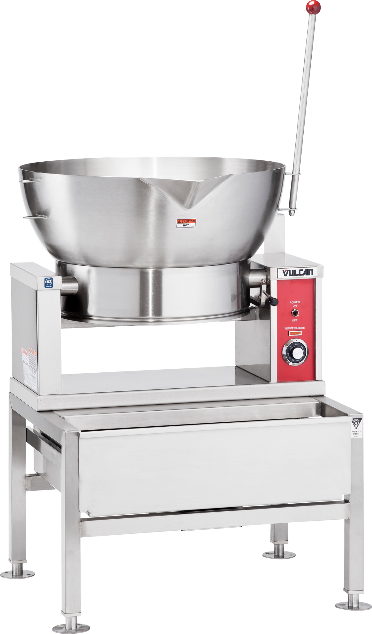 A large stainless steel Vulcan commercial tilt skillet, model VGCTS16, with a deep round basin fits a Steam Pan Insert. Features include a control panel on the right, long tilting handle, sturdy frame with undershelf, and caster wheels for industrial kitchen use.