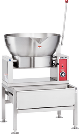 A large stainless steel Vulcan commercial tilt skillet, model VGCTS16, with a deep round basin fits a Steam Pan Insert. Features include a control panel on the right, long tilting handle, sturdy frame with undershelf, and caster wheels for industrial kitchen use.