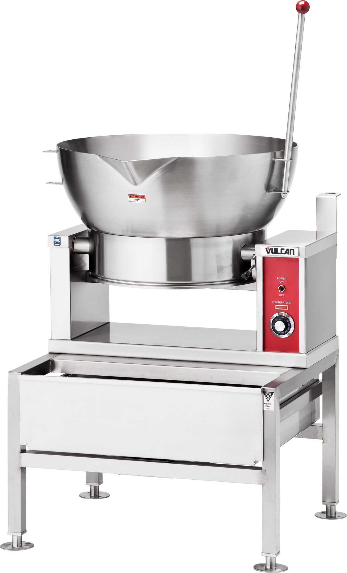 A large commercial stainless steel tilt skillet, model VECTS16, with a deep round basin, control panel, red tilting lever, Vulcan branding, and sturdy legs—designed for high-volume cooking in industrial kitchens. Compatible with Steam Pan Insert.