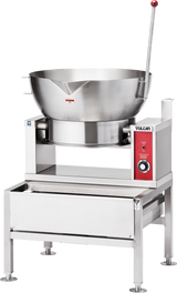 A large commercial stainless steel tilt skillet, model VECTS16, with a deep round basin, control panel, red tilting lever, Vulcan branding, and sturdy legs—designed for high-volume cooking in industrial kitchens. Compatible with Steam Pan Insert.