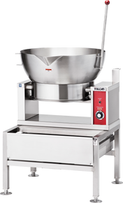 A large commercial stainless steel tilt skillet, model VECTS16, with a deep round basin, control panel, red tilting lever, Vulcan branding, and sturdy legs—designed for high-volume cooking in industrial kitchens. Compatible with Steam Pan Insert.
