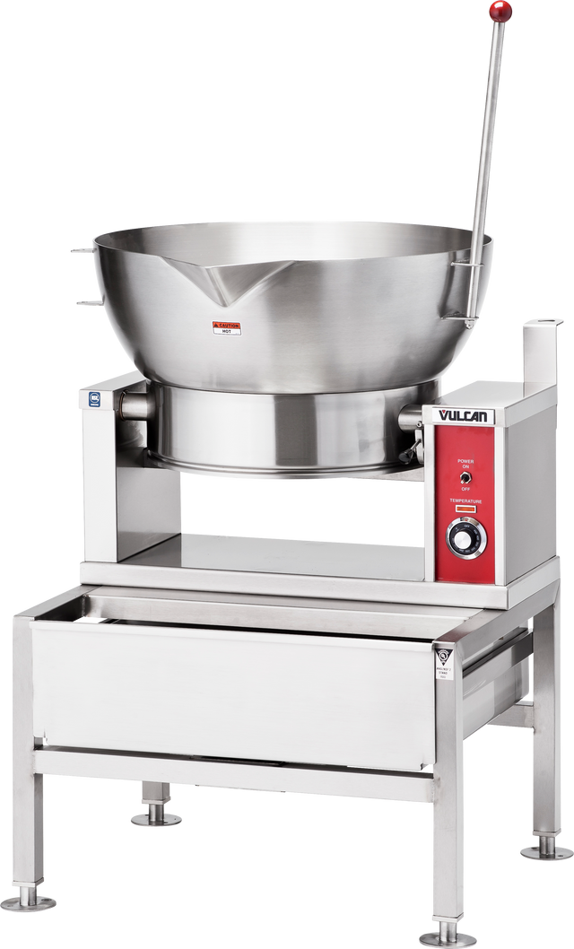 A large commercial stainless steel tilt skillet, model VECTS16, with a deep round basin, control panel, red tilting lever, Vulcan branding, and sturdy legs—designed for high-volume cooking in industrial kitchens. Compatible with Steam Pan Insert.