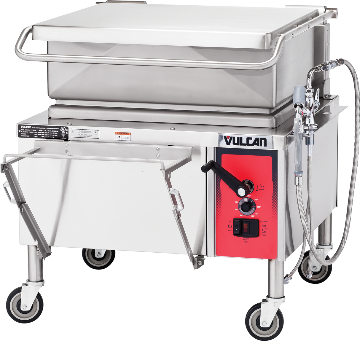 A large commercial 30-gallon braising pan with a stainless steel body, red control panel, black handle, and attached water hose. This gas appliance sits on four caster wheels and features the Vulcan brand name above the control panel.