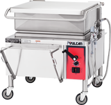 A large commercial 30-gallon braising pan with a stainless steel body, red control panel, black handle, and attached water hose. This gas appliance sits on four caster wheels and features the Vulcan brand name above the control panel.