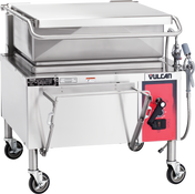 A commercial stainless steel 30-gallon capacity Vulcan gas braising pan on wheels features a right-side control panel, closed lid, front handle, and spray hose—perfectly designed for large-scale cooking in professional kitchens.