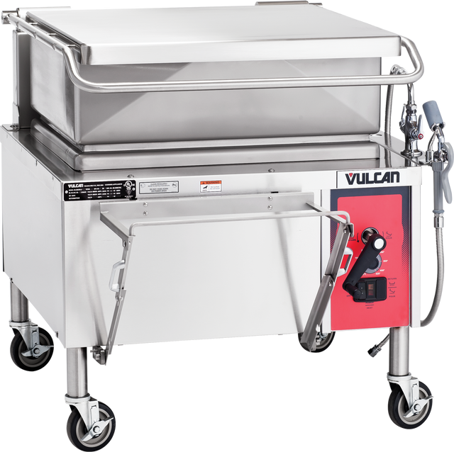 A commercial 30-gallon stainless steel gas braising pan with a red "Vulcan" control panel on wheels, featuring a large rectangular cooking basin, side handle, spout, tilting mechanism, and spray hose attachment.