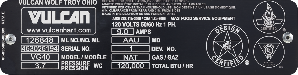 A black and white equipment label for a Vulcan braising pan shows serial numbers, model info (VG40), gas type (NAT), 40-gallon capacity, BTU/hr (120,000), safety certification marks, and technical specs including 120V, 9.0 amps, and 3.7 water column.