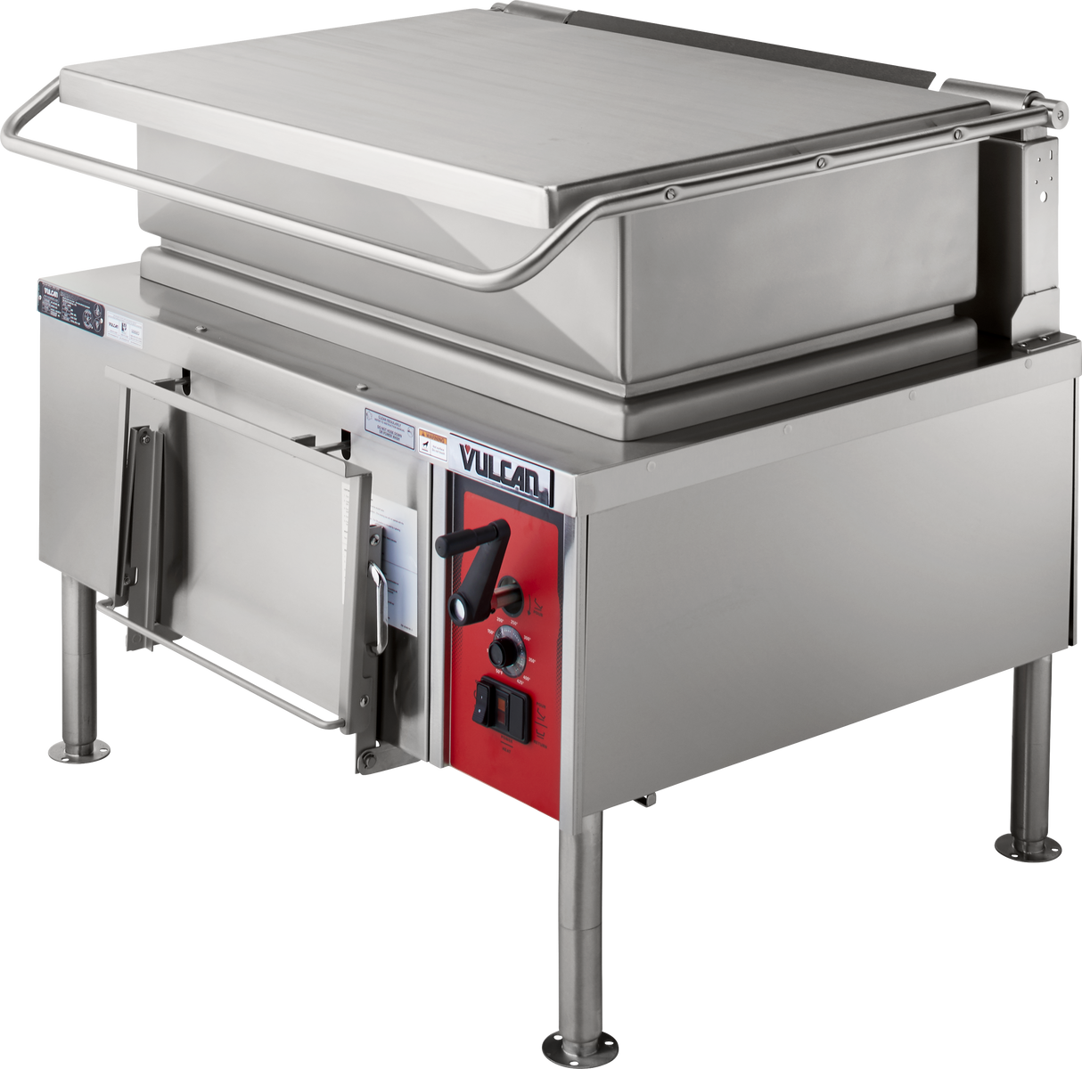A large 40-gallon stainless steel commercial braising pan with a rectangular lid, red control panel, and front-access handle marked “Vulcan.” The gas appliance stands on four metal legs and is built for high-volume kitchen cooking.