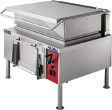 A large stainless steel commercial braising pan with a flat, hinged lid, front control panel with knobs and switches, sturdy legs, and the Vulcan brand on the front. This gas unit is designed for heavy-duty cooking with a 40-gallon capacity.