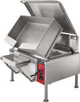A large commercial gas braising pan with a 40-gallon capacity, featuring an open lid, deep rectangular pan, front-mounted control panel, handle, side spout, drip tray, and sturdy four-leg design—ideal for industrial kitchen use.