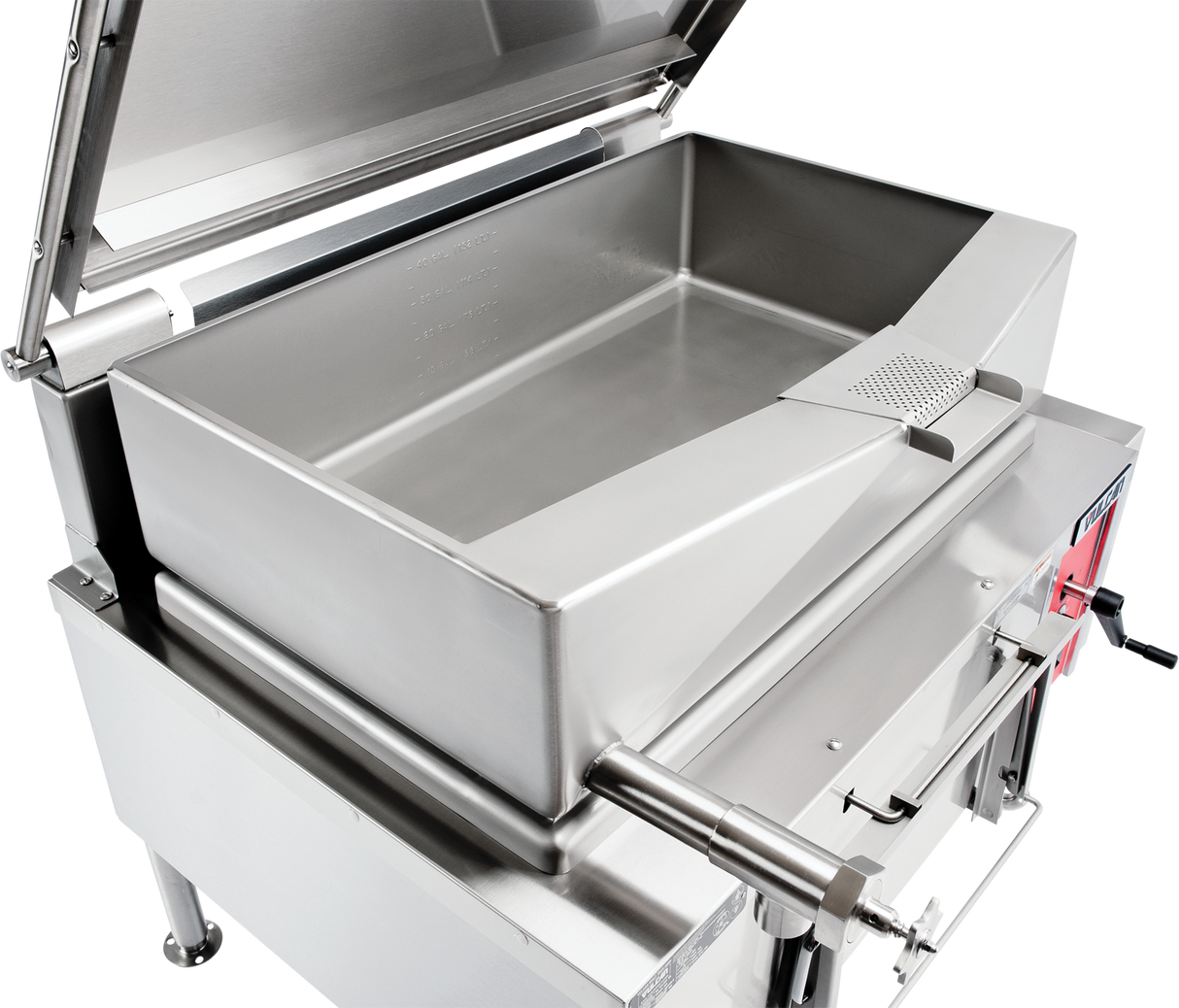 A large, stainless steel gas braising pan with a 40-gallon capacity, open lid, angled side handles, spout for pouring, and smooth spacious cooking surface—ideal for bulk cooking in industrial kitchens.