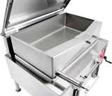 A large industrial stainless steel braising pan with a 40-gallon capacity is shown with its lid open, angled to reveal the deep rectangular basin and smooth metal surfaces. Control knobs and handles are visible on the side; the background is plain and uncluttered.