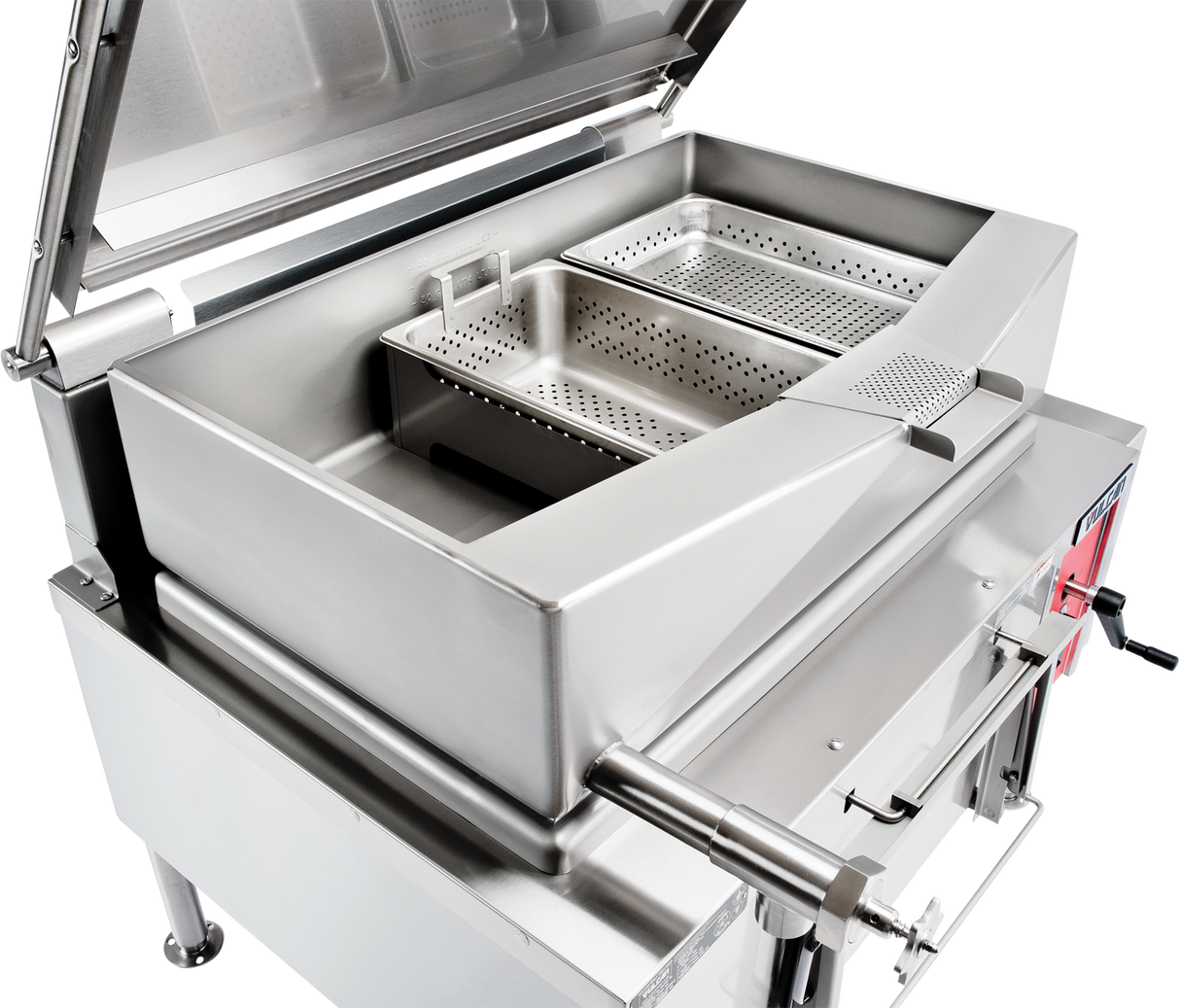 A large stainless steel commercial kitchen appliance with an open lid, revealing a deep basin and two perforated metal baskets inside, this gas unit has control knobs, sturdy handles, and a 40-gallon capacity for boiling or steaming food.
