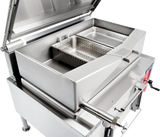A large stainless steel commercial kitchen appliance with an open lid, revealing a deep basin and two perforated metal baskets inside, this gas unit has control knobs, sturdy handles, and a 40-gallon capacity for boiling or steaming food.