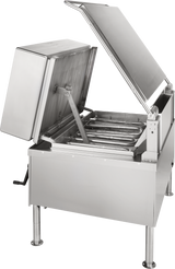 A large industrial stainless steel braising pan with a 40-gallon capacity stands on four sturdy legs, its open lid revealing metal heating elements inside. A side handle is likely used for tilting or adjusting the pan.